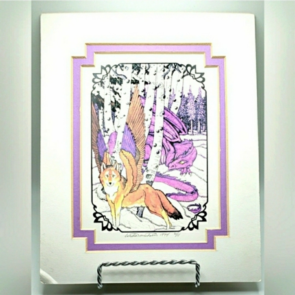 Vintage 90s Fantasy Art Ltd Edition Laser Print Winter Spirits Wolf Dragon AP3
